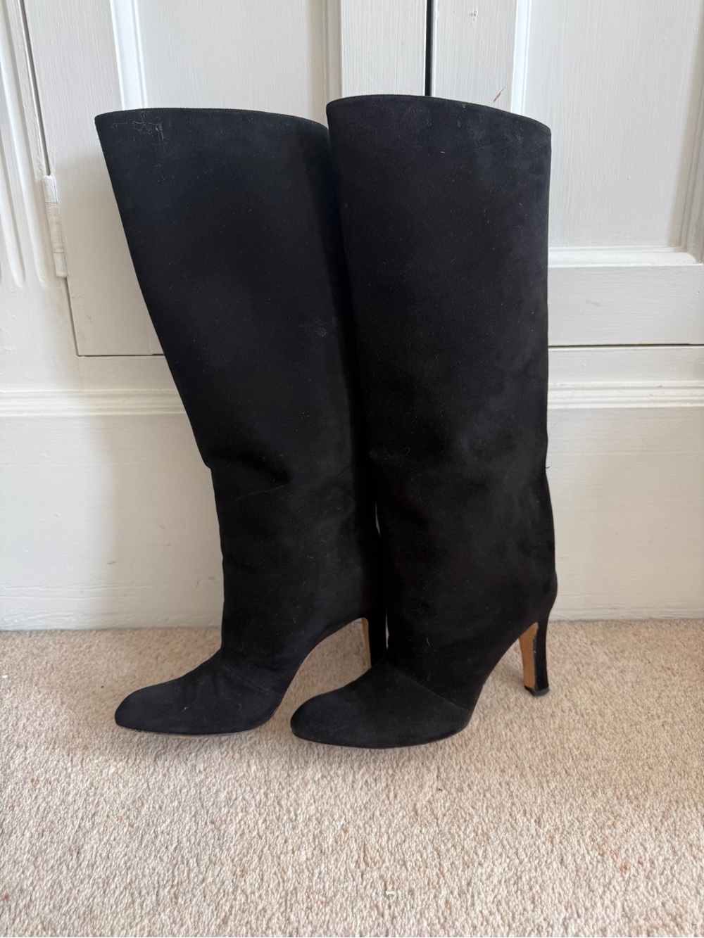 Manolo Blahnik Black Suede Knee-High Heeled Boots